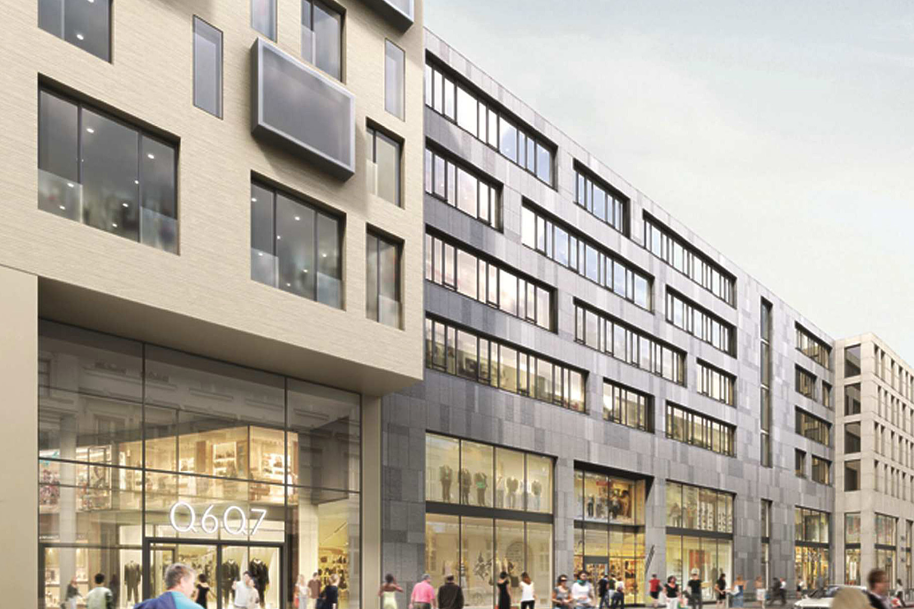 La façade du quartier urbain Q 6 Q 7 à Mannheim, côté rue