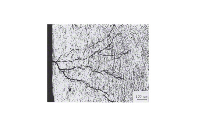 Fig. 2 Stress corrosion cracking: Corrosion cracks caused by transgranular stress corrosion (micrograph)