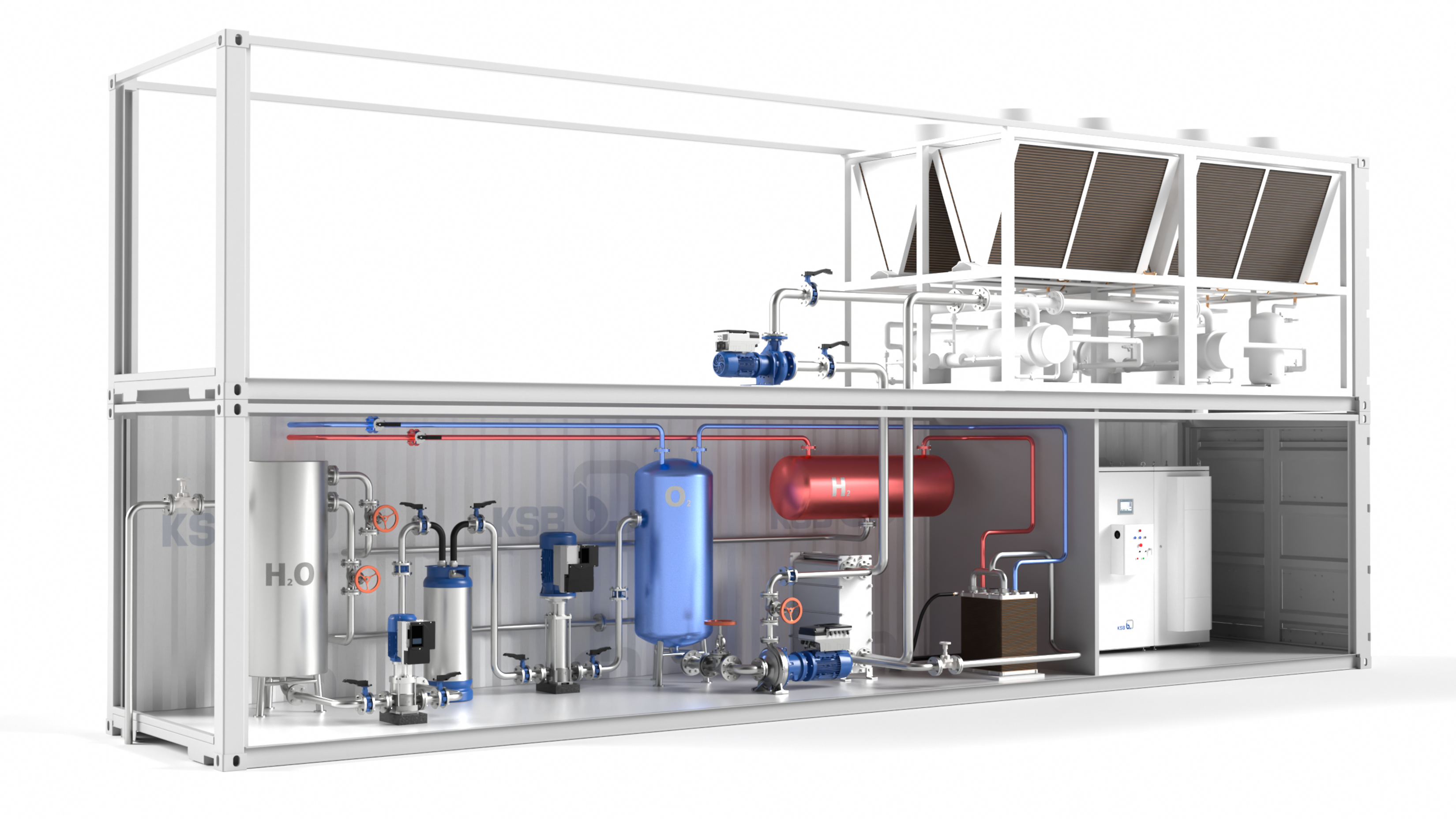 Rendered image of a hydrogen electrolyser as a container solution with KSB pumps and valves